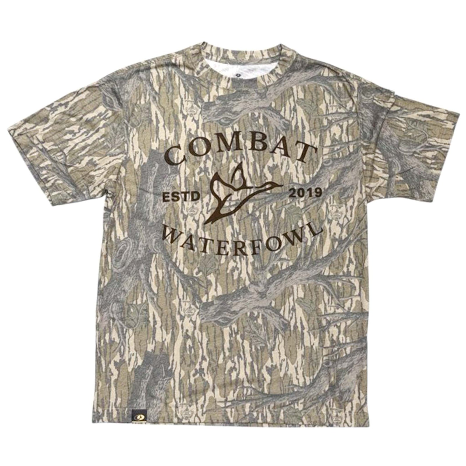 Treestand camouflage t-shirt with 'Combat Waterfowl' chocolate brown logo shown on a white background