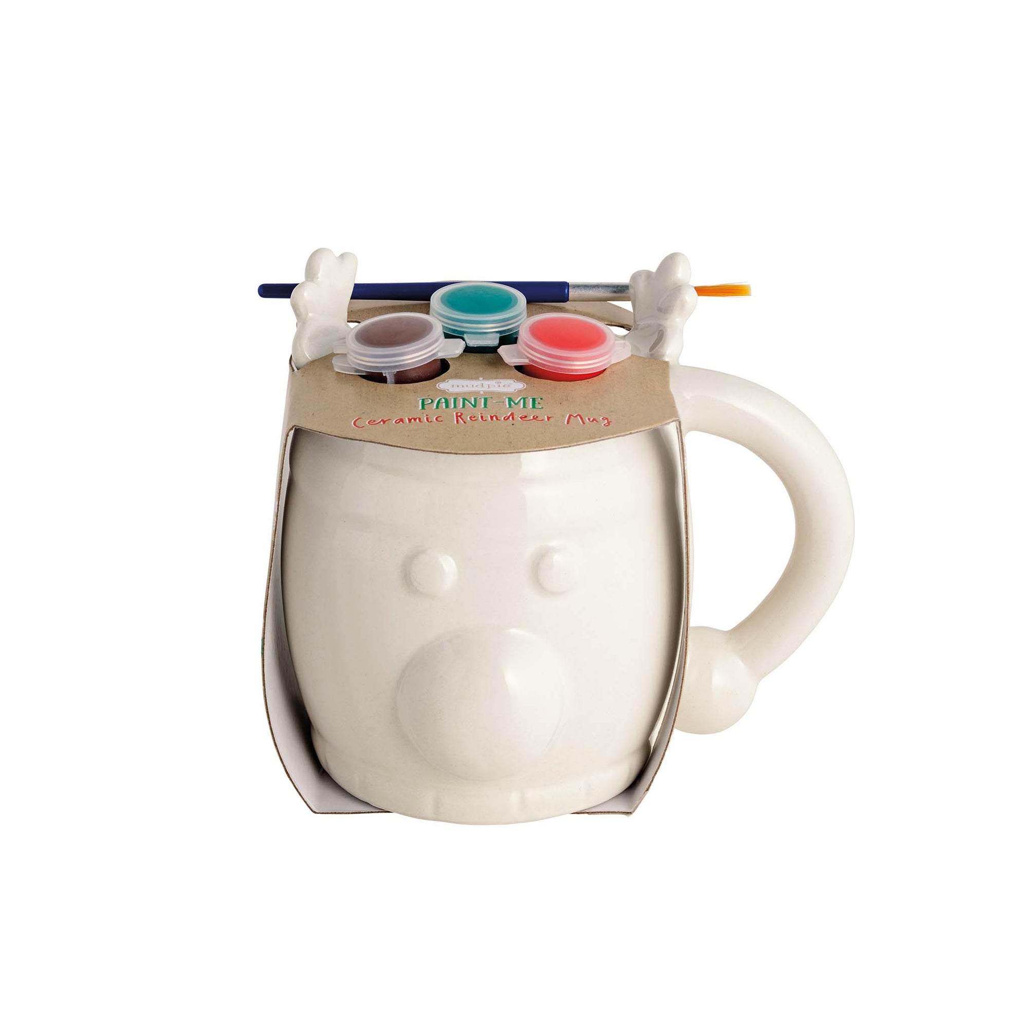 Mud Pie DIY Reindeer Paint Mug with paint set and brush on top of ceramic reindeer face mug.
