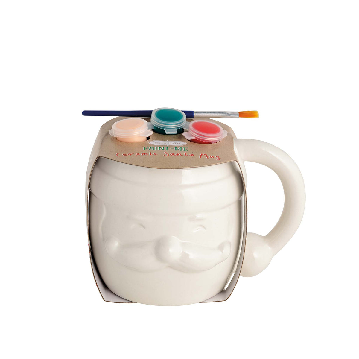 Mud Pie DIY Santa Paint Mug with paint set and brush on top of ceramic Santa face mug.