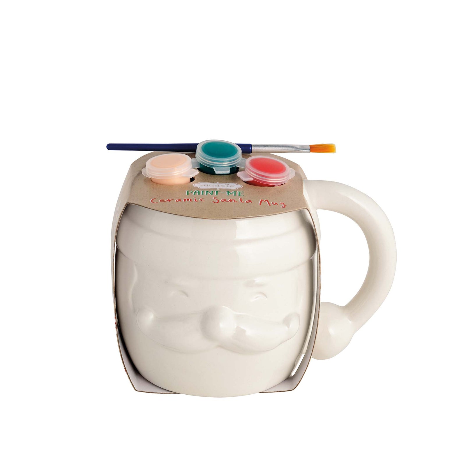 Mud Pie DIY Santa Paint Mug with paint set and brush on top of ceramic Santa face mug.