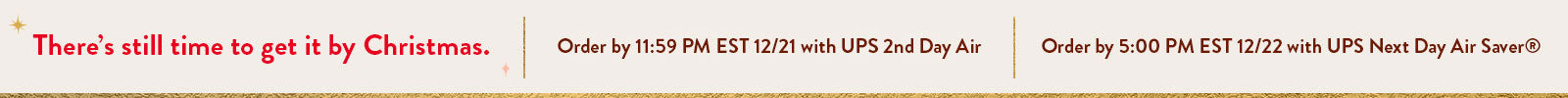 There's still time to have your gifts delivered in time for Christmas. Order by 11:59 PM EST on 12/21 with UPS 2nd Day Air or by 5:00 PM EST on 12/22 with UPS Next Day Air Saver.