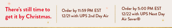 There's still time to have your gifts delivered in time for Christmas. Order by 11:59 PM EST on 12/21 with UPS 2nd Day Air or by 5:00 PM EST on 12/22 with UPS Next Day Air Saver.