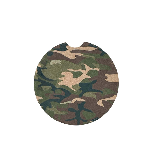 Camouflage-patterned round object on a white background