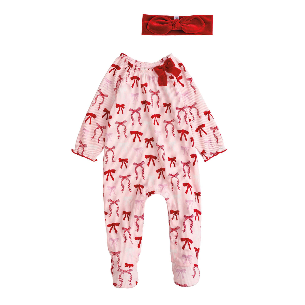 Baby girls’ pink sleeper with allover red bow print and matching red velvet bow headband.
