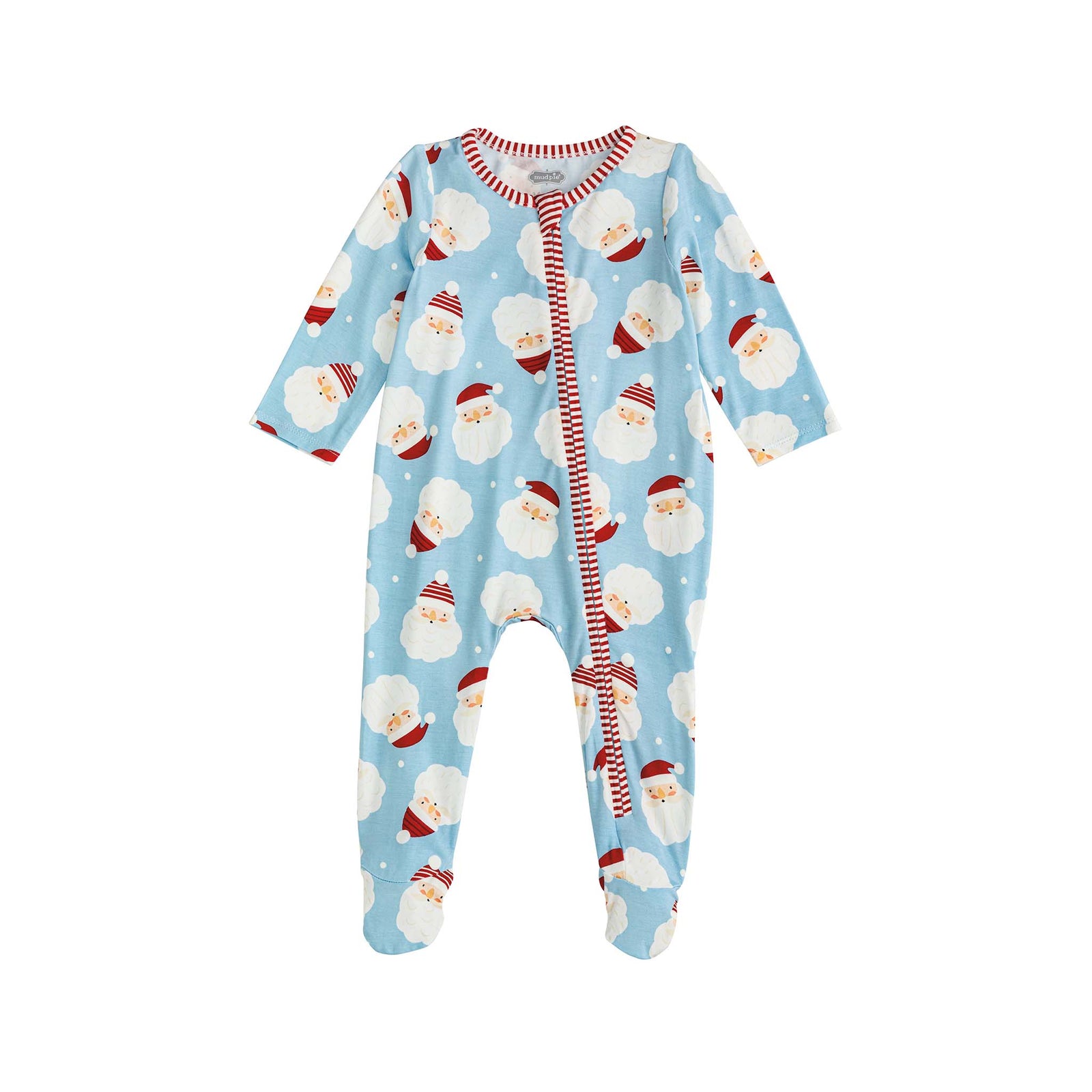 Blue infant pajamas with Santa Claus face print and glow-in-the-dark hat details.