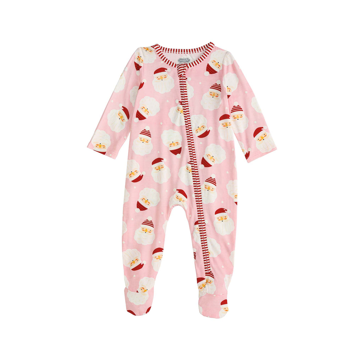 Pink infant pajamas with Santa Claus face print and glow-in-the-dark hat details.