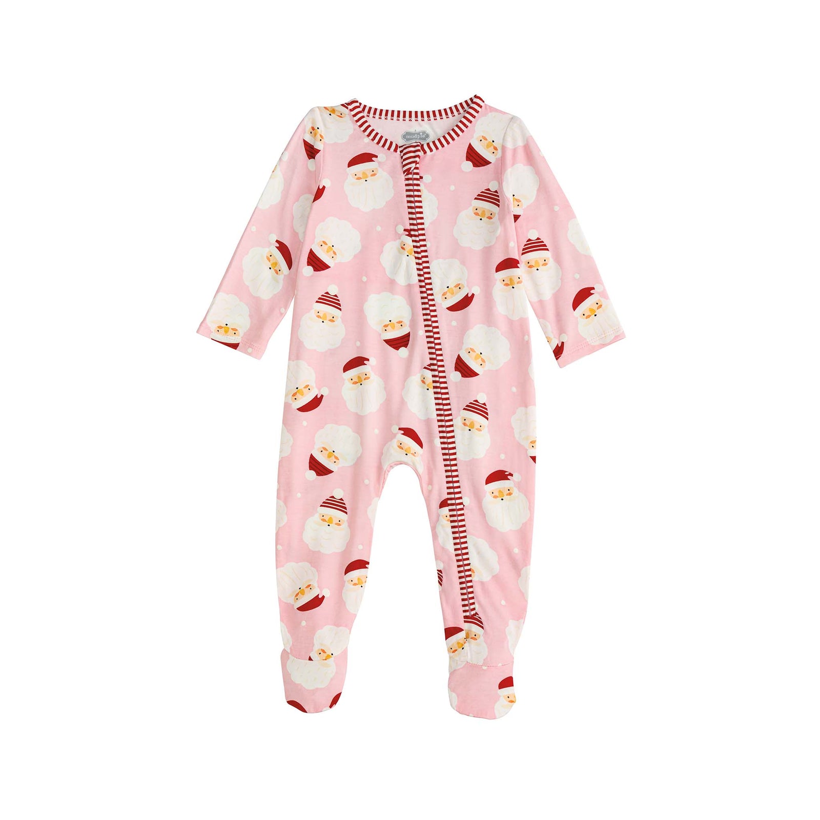 Pink infant pajamas with Santa Claus face print and glow-in-the-dark hat details.