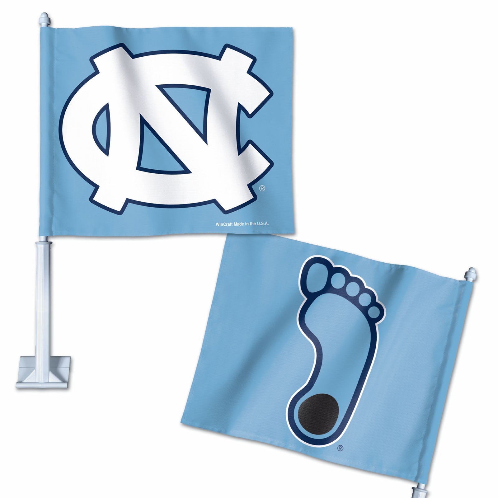 Light blue car flag with white interlocking NC logo on one side and navy Tar Heel foot logo on the other, with pole attachment.