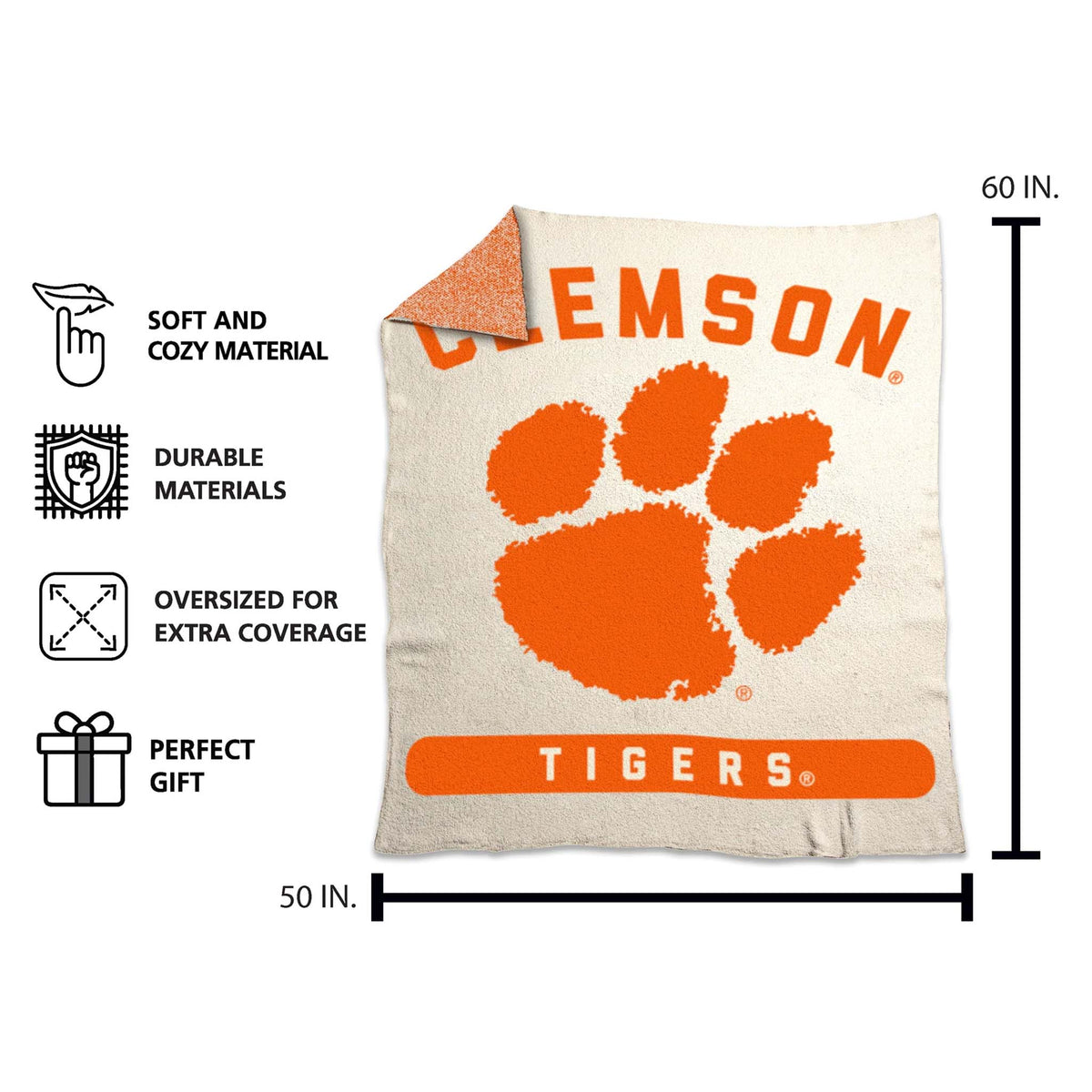 Clemson Tigers blanket with dimensions and features listed on a white background