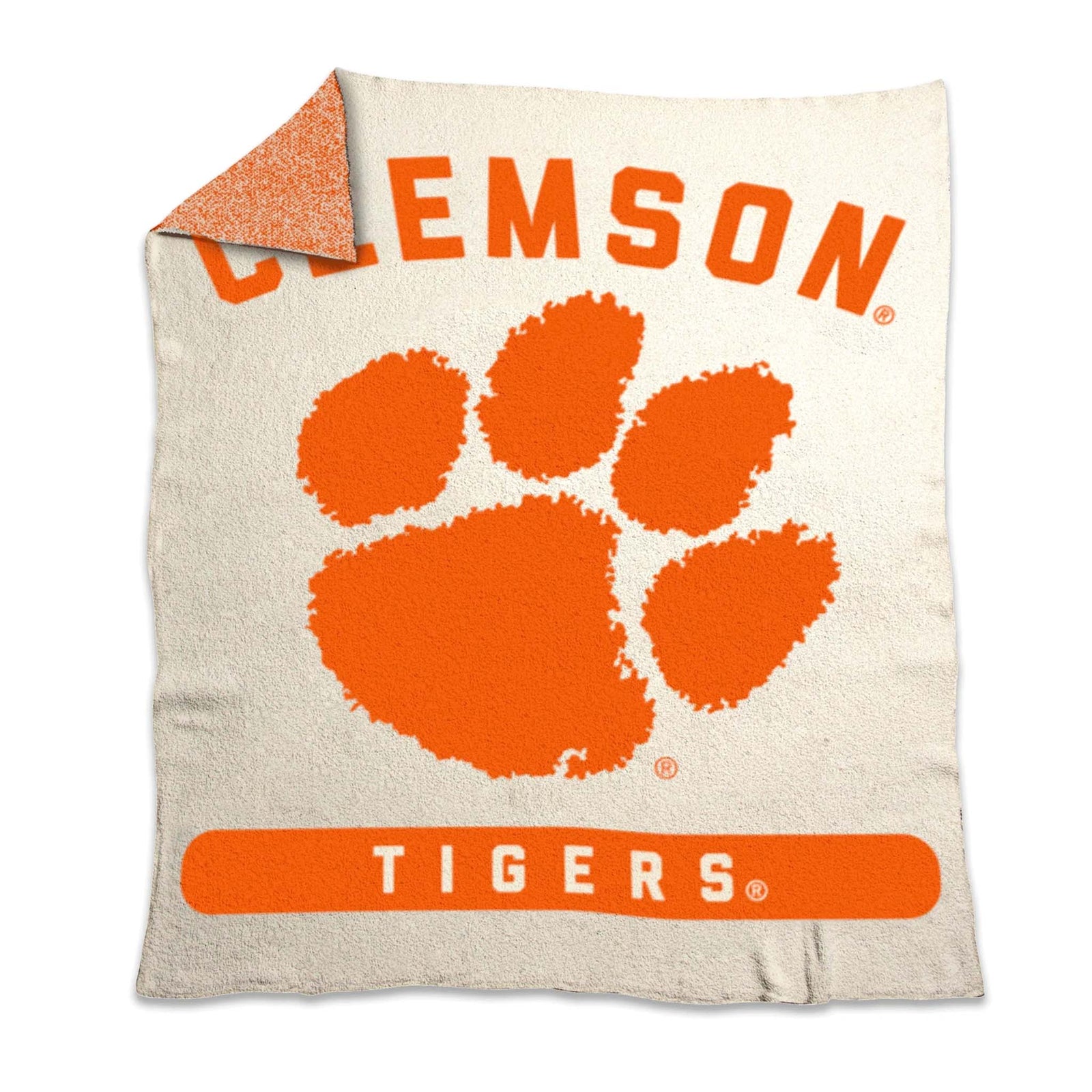 Clemson Tigers blanket with orange paw print and text on a white background