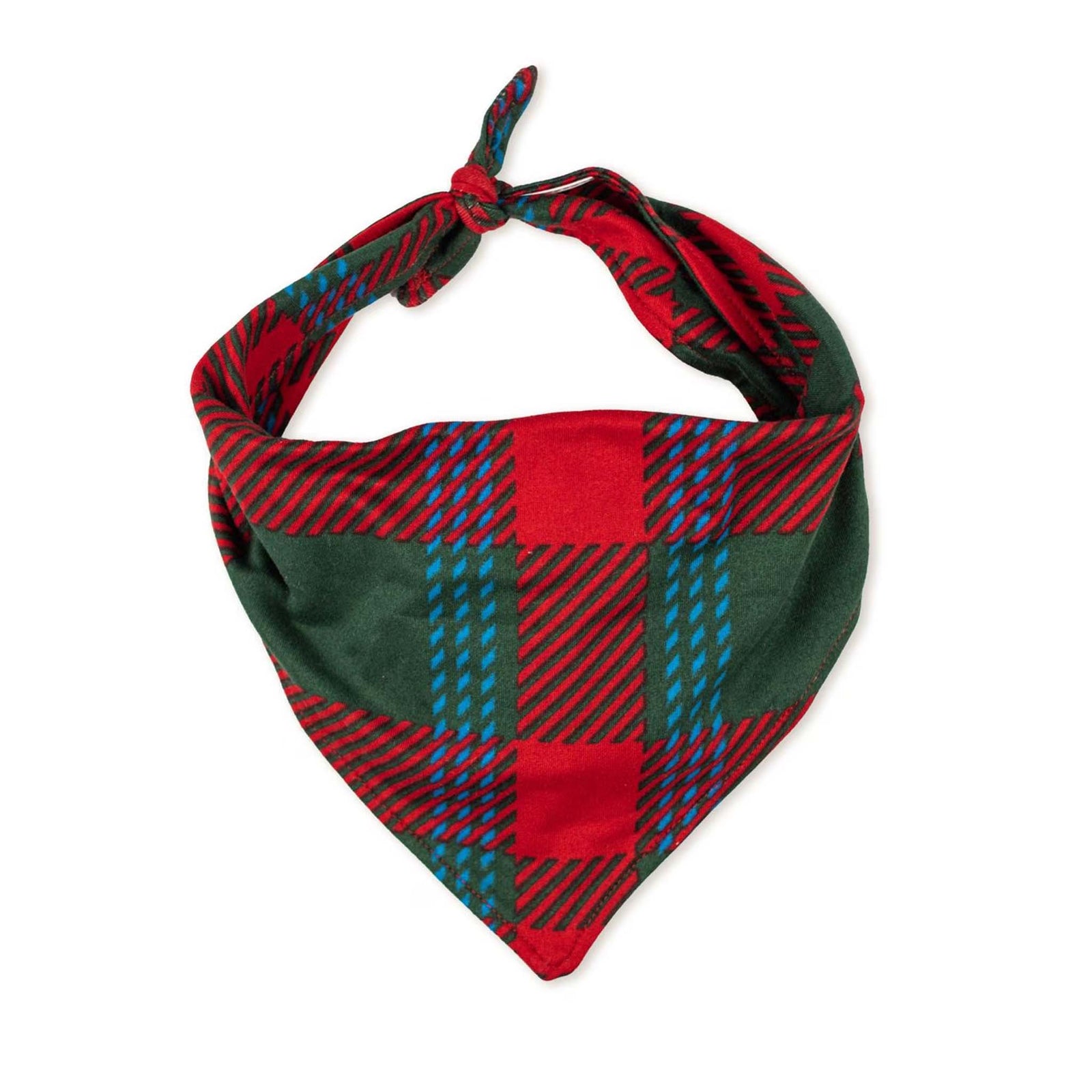 Plaid bandana with red, green, and blue pattern on a white background
