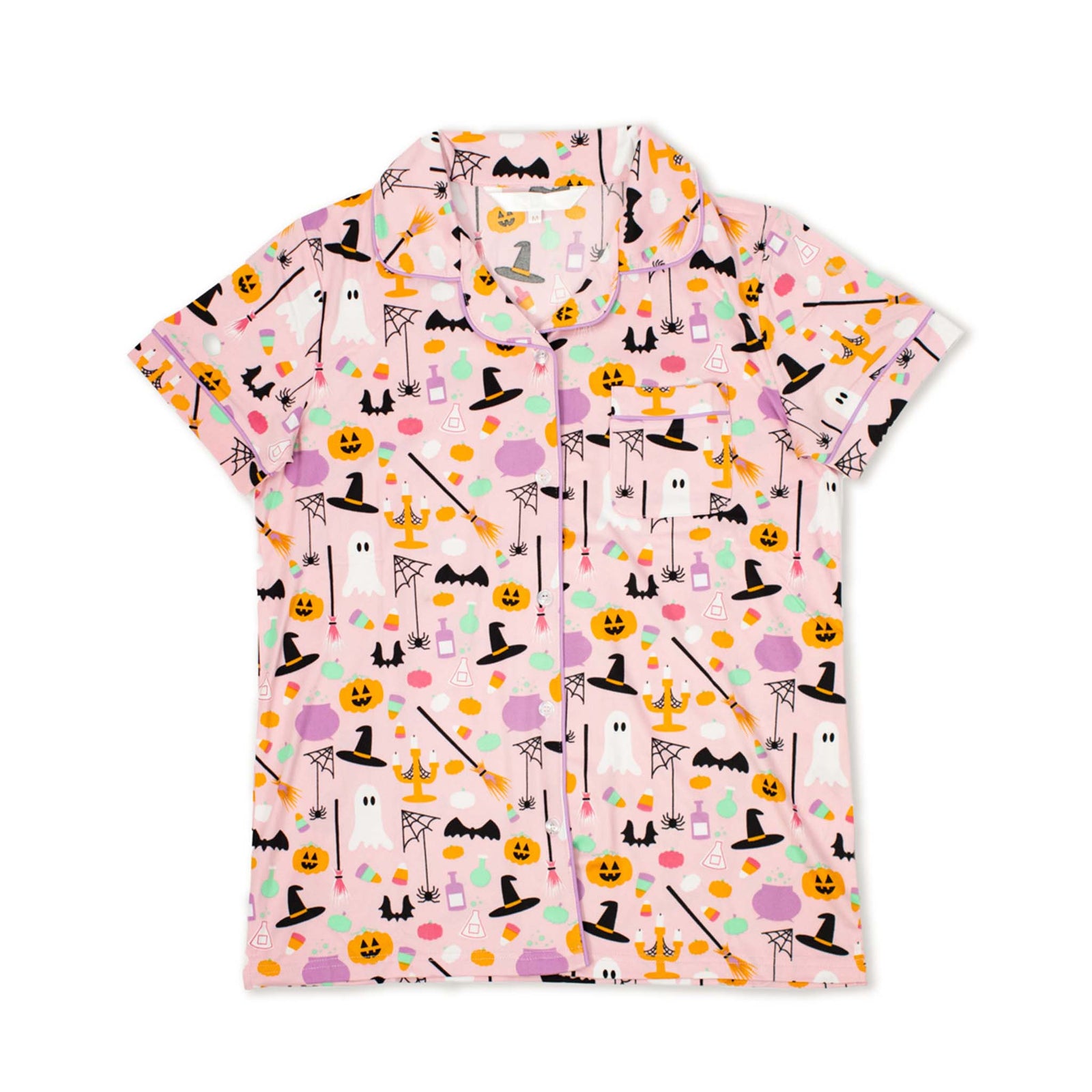 Women’s short sleeve button-up pajama top in light pink with all-over Halloween print featuring ghosts, pumpkins, bats, candy, and spider webs.