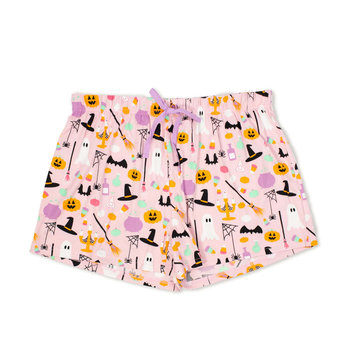 Women’s pajama shorts in light pink with all-over Halloween print featuring ghosts, pumpkins, bats, candy, and spider webs.