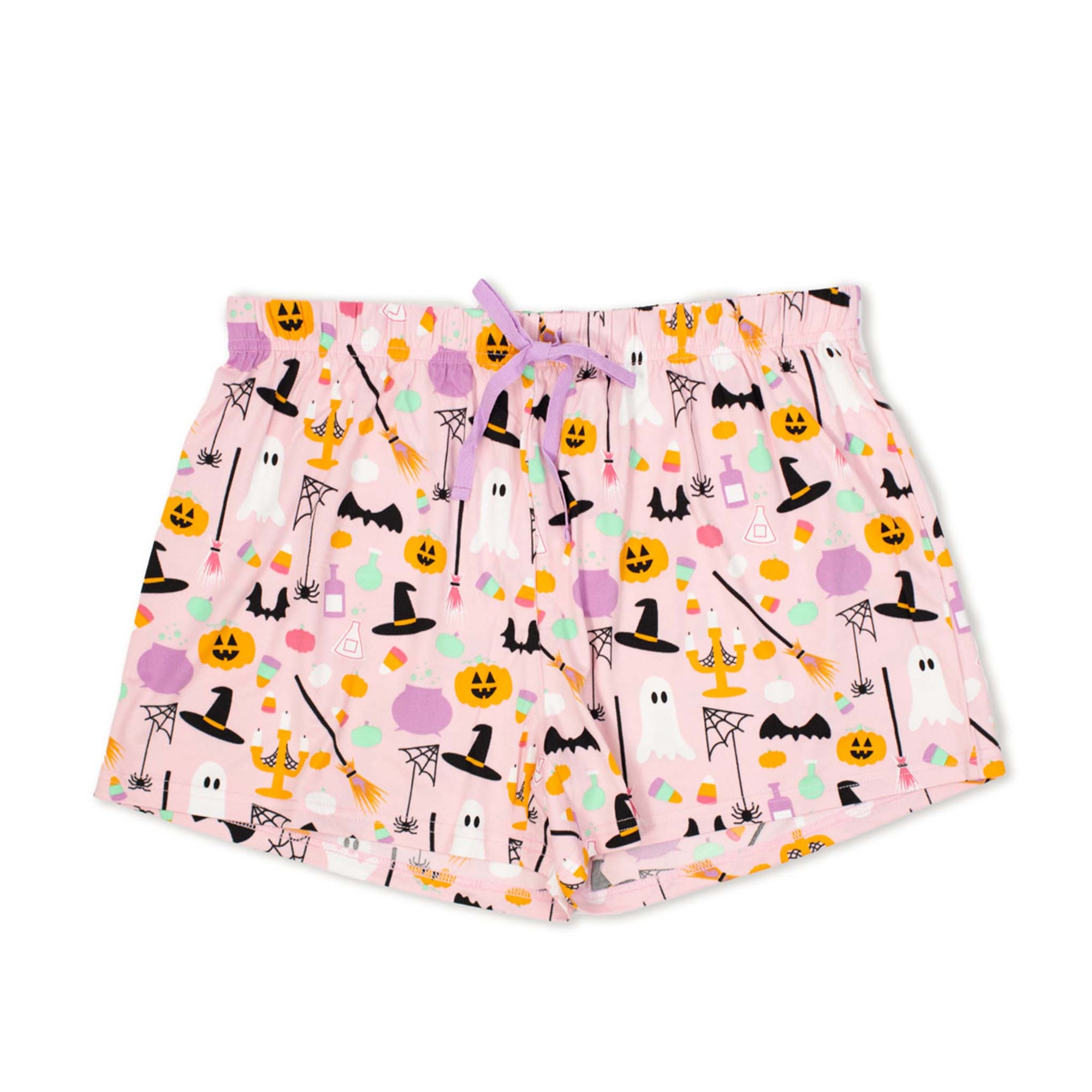 Women’s pajama shorts in light pink with all-over Halloween print featuring ghosts, pumpkins, bats, candy, and spider webs.