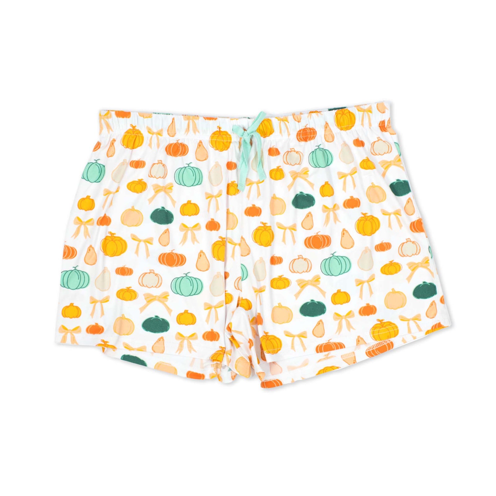 Women’s pajama shorts in white with all-over pumpkin, pear, and bow print in orange, green, and cream.