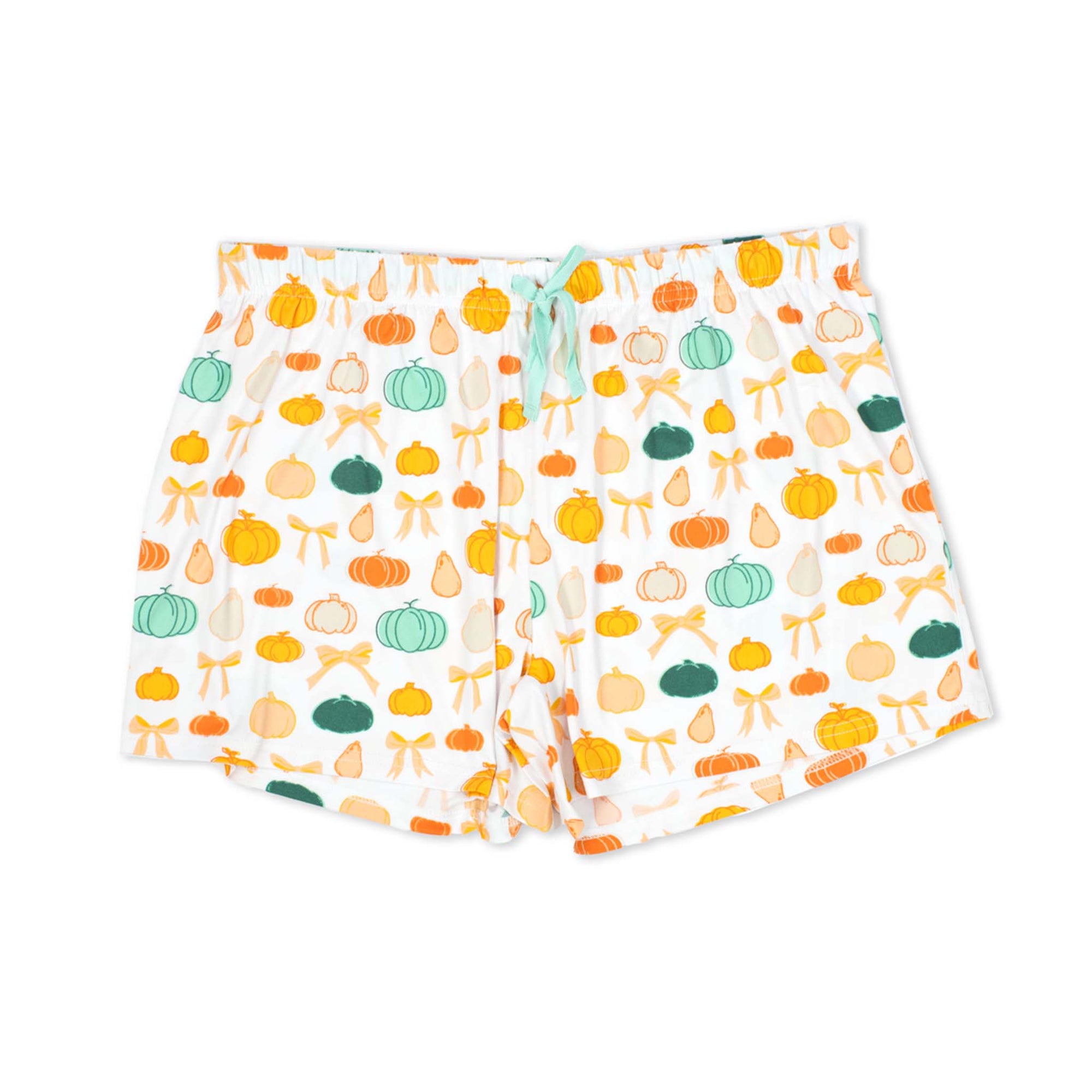 Women’s pajama shorts in white with all-over pumpkin, pear, and bow print in orange, green, and cream.