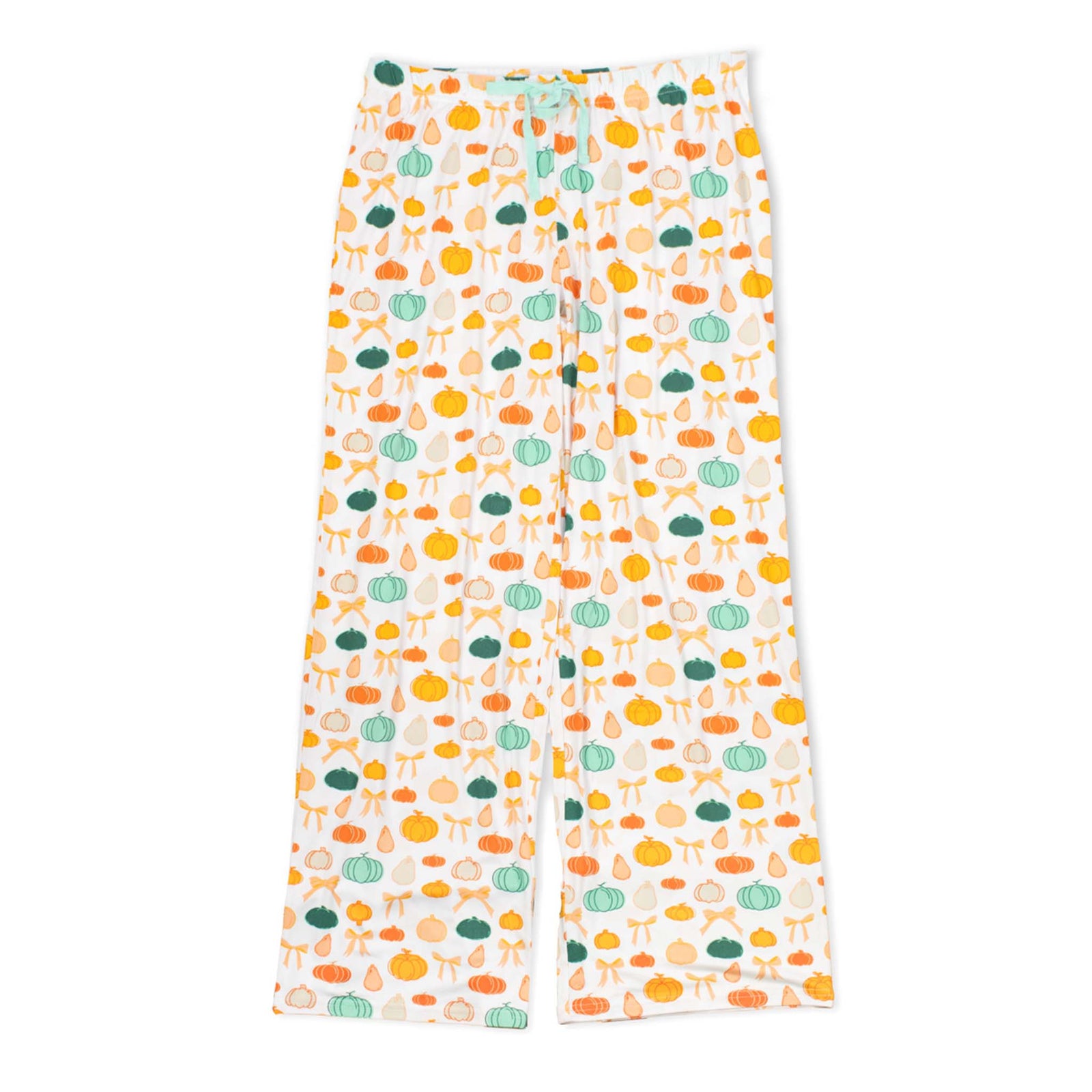 Women’s pajama pants in white with all-over pumpkin, pear, and bow print in orange, green, and cream.