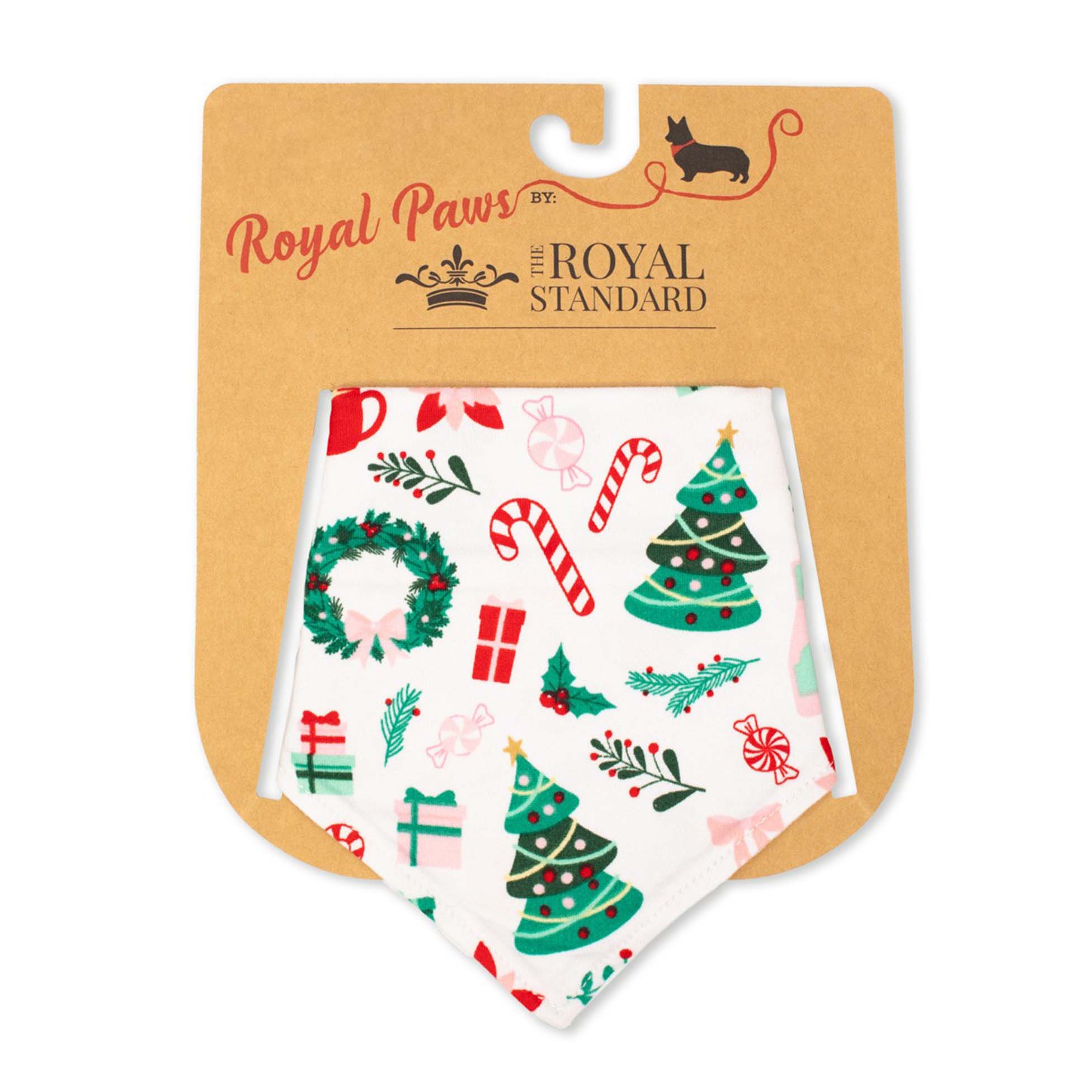 Royal Paws Christmas Cheer Dog Bandana with festive holiday print featuring Christmas trees, candy canes, wreaths, and presents on white fabric.