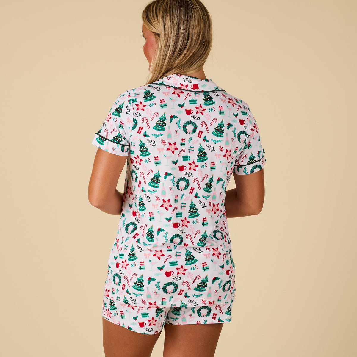 Back of women's printed Christmas pajamas.