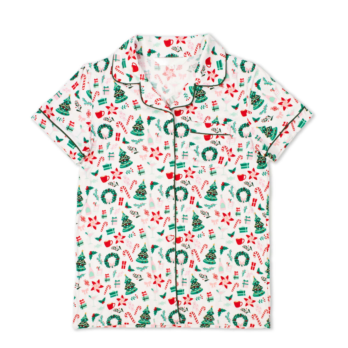 Front view of women’s Christmas pajama top with wreath, tree, candy cane, and poinsettia print on white background.