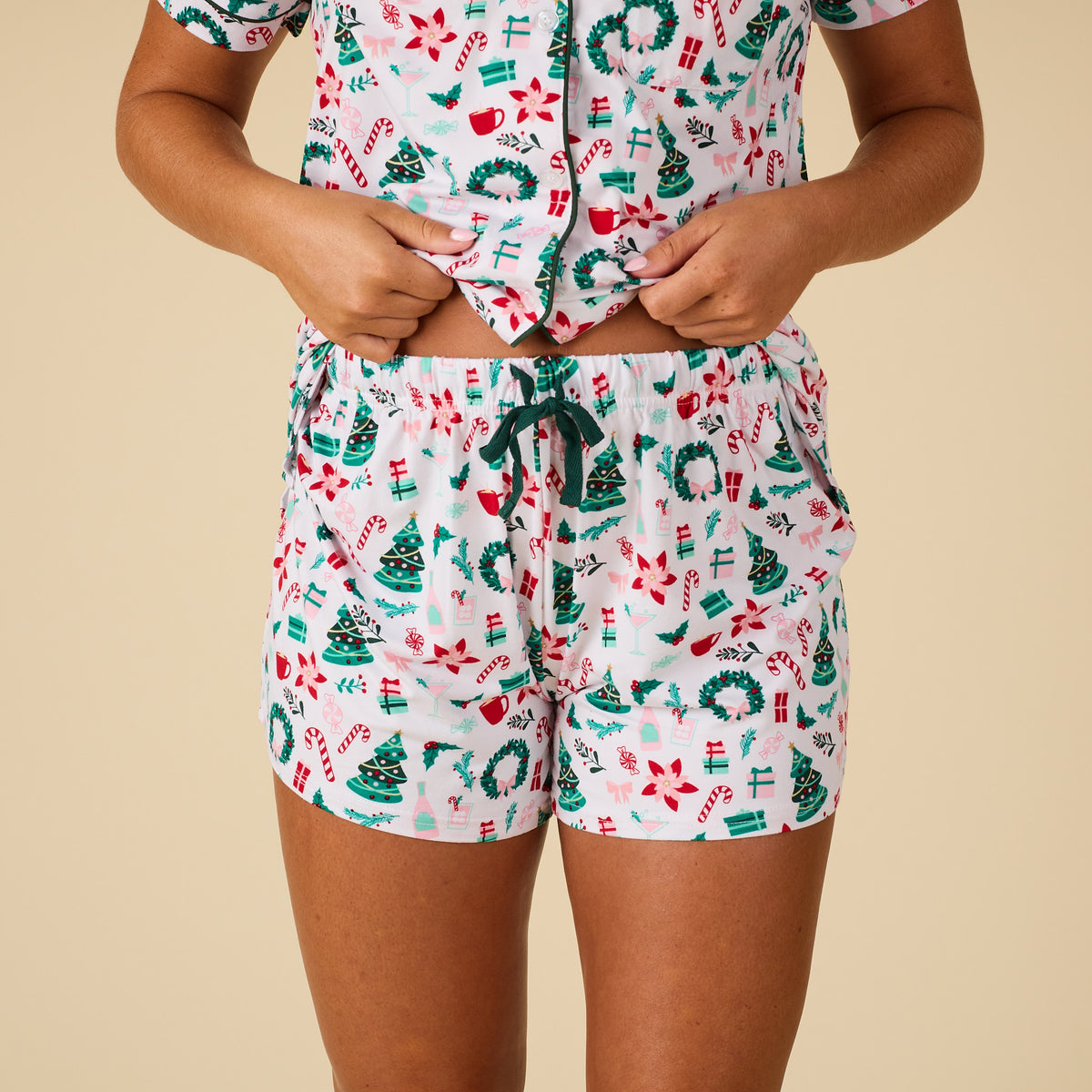 Christmas-themed pajama set with a white background