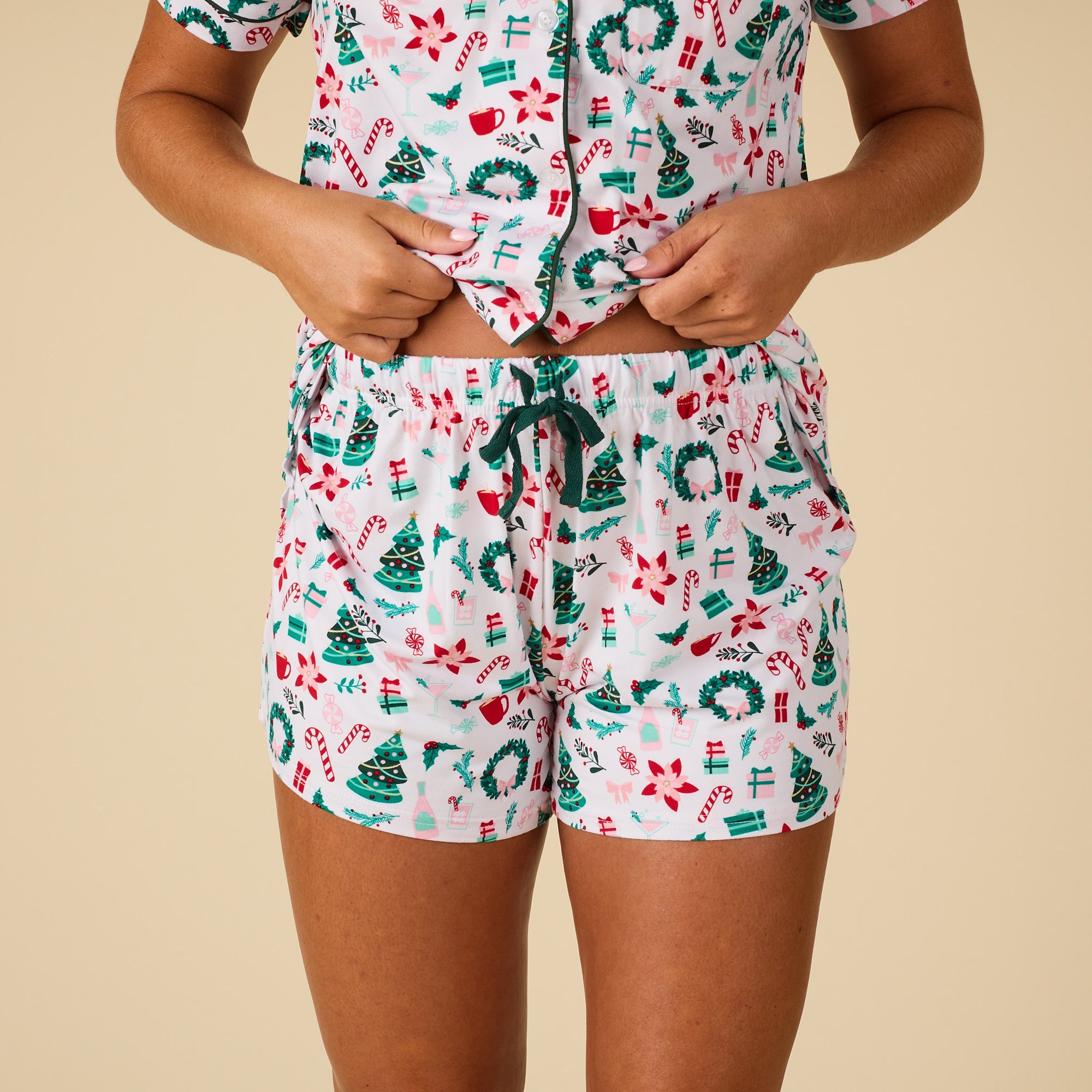 Christmas-themed pajama set with a white background