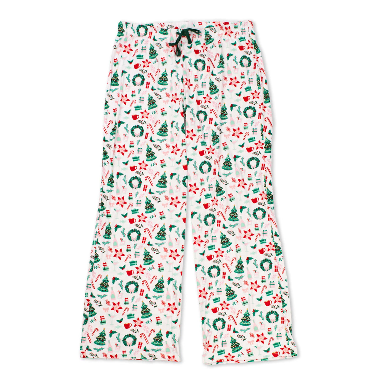 Front view of women’s Christmas pajama pants with wreath, tree, candy cane, and poinsettia print on white background.