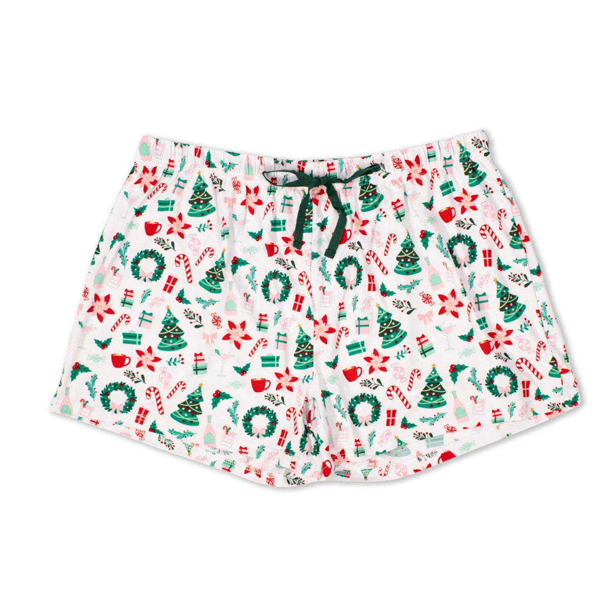 Front view of women’s Christmas pajama shorts with wreath, tree, candy cane, and poinsettia print on white background.