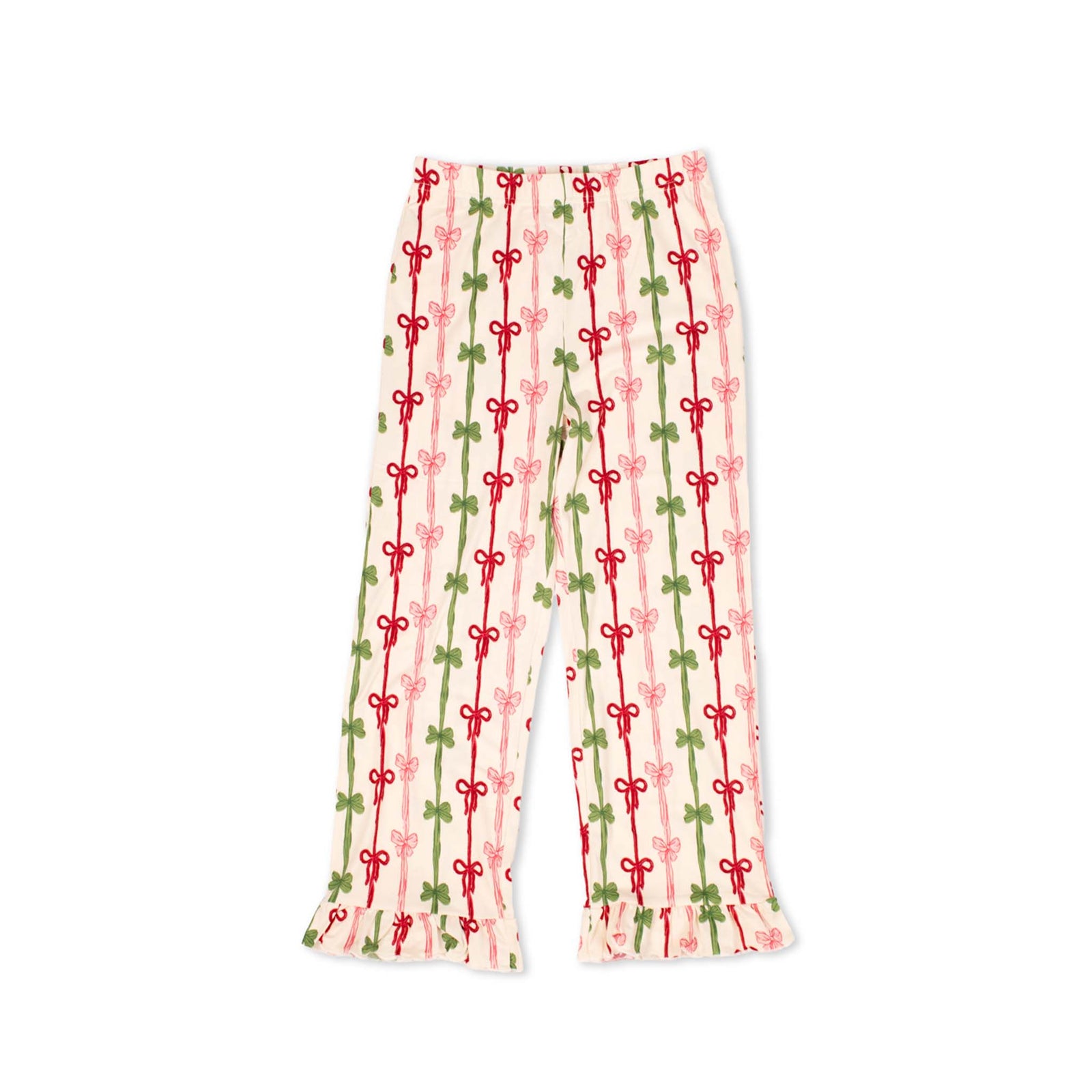 Front view of Christmas bow youth pajama pants with red, pink, and green bow print and ruffle hem, shown on white background.
