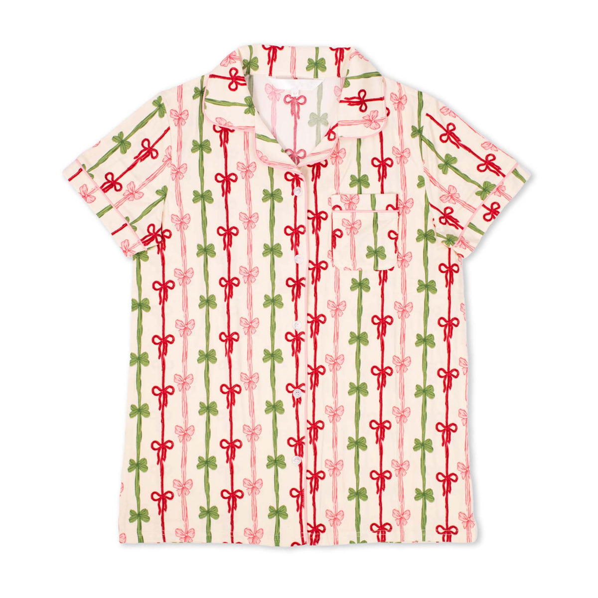 Women’s All Wrapped Up Pajama Top with red, green, and pink bow print, button-up front, and notched collar.