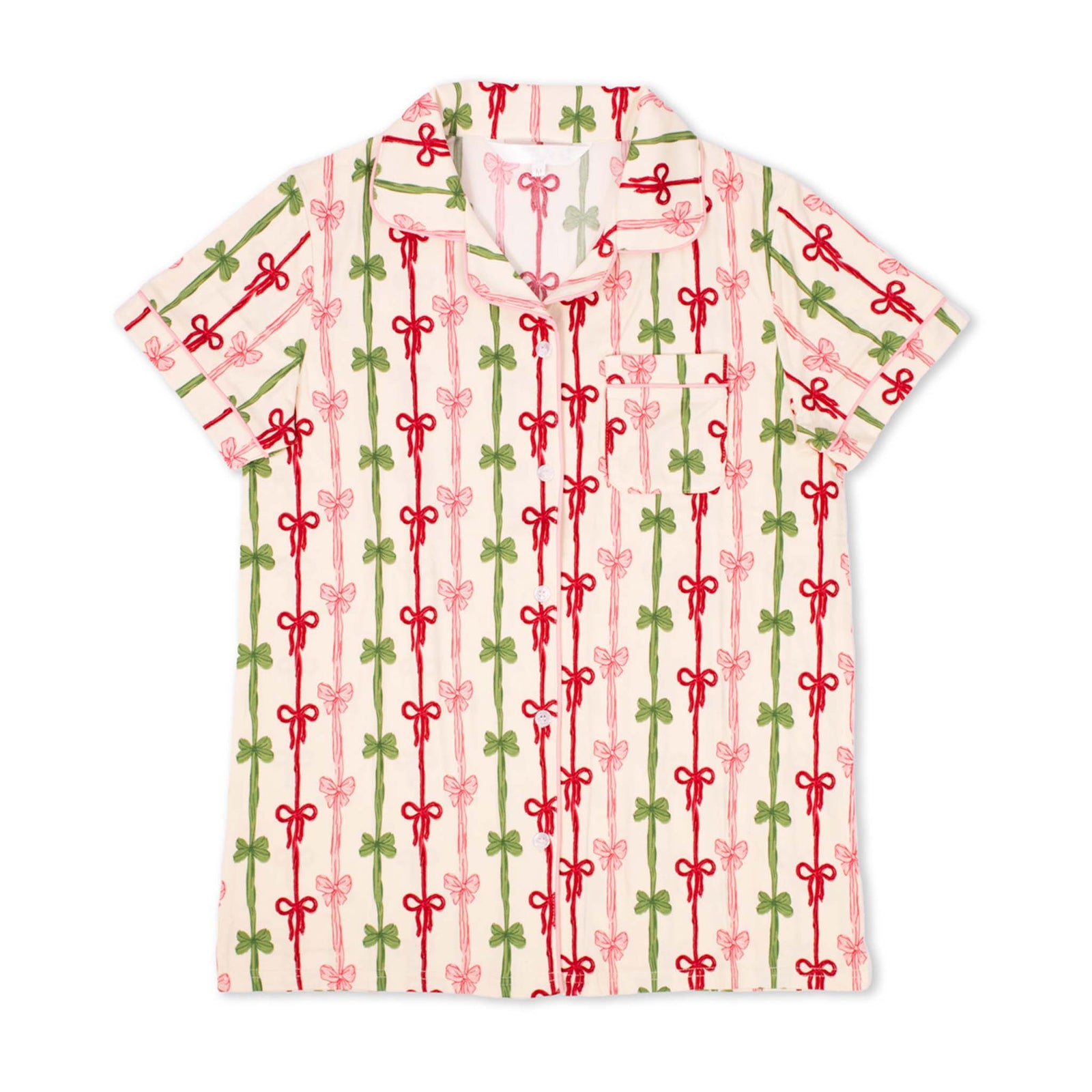 Women’s All Wrapped Up Pajama Top with red, green, and pink bow print, button-up front, and notched collar.