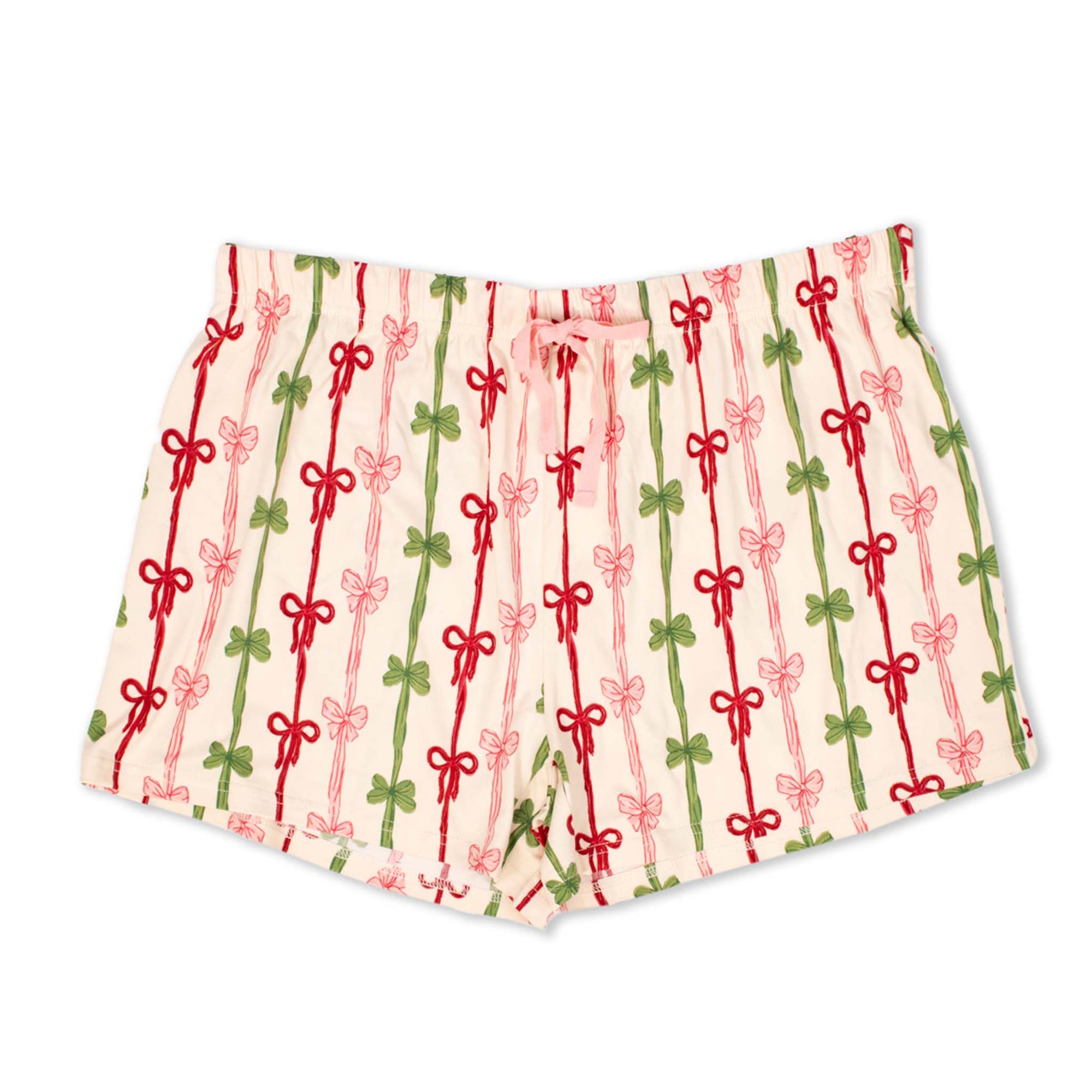 Women’s All Wrapped Up Pajama Shorts with festive bow print and drawstring waistband.