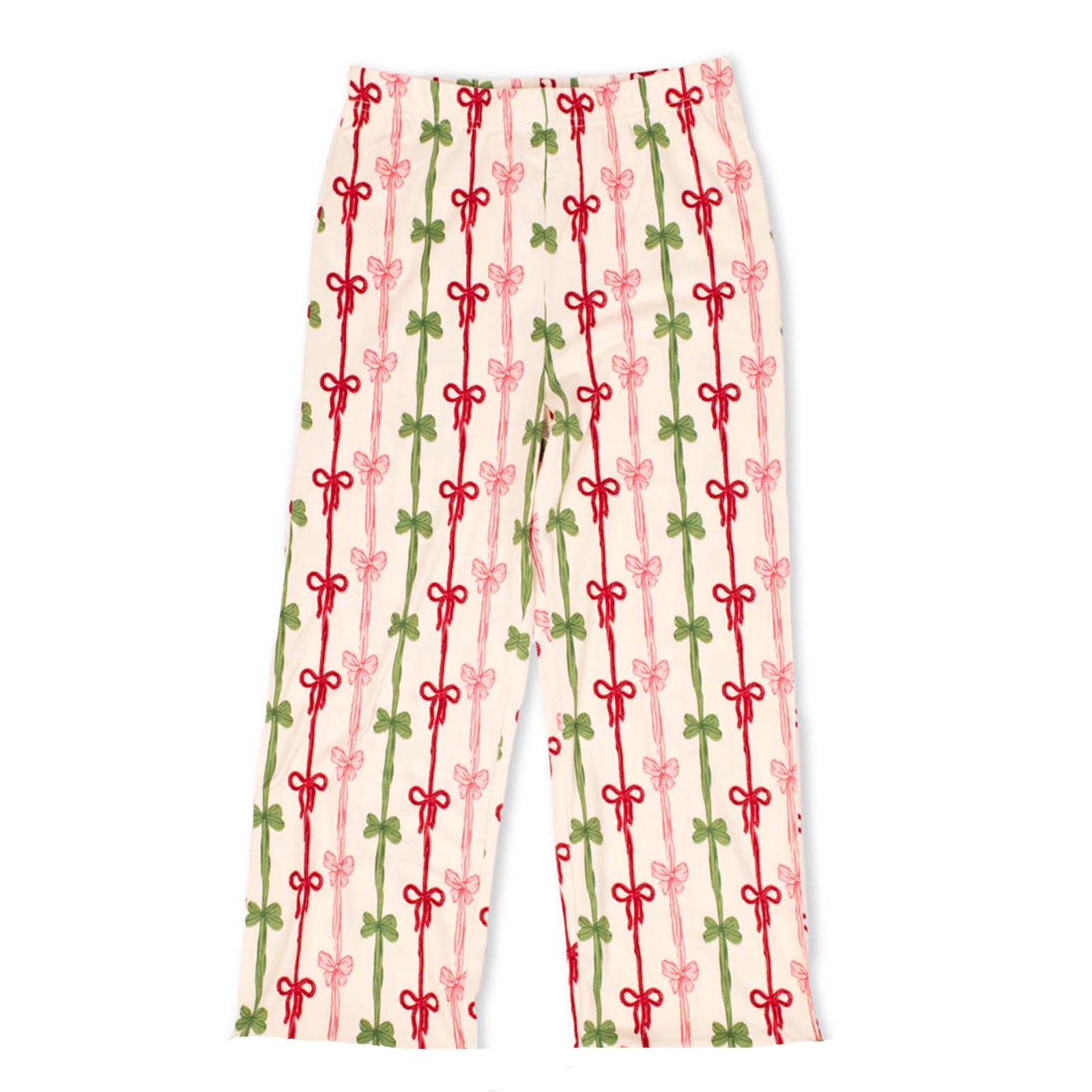 Front view of Christmas bow pajama pants with red, pink, and green bow print, shown on white background.