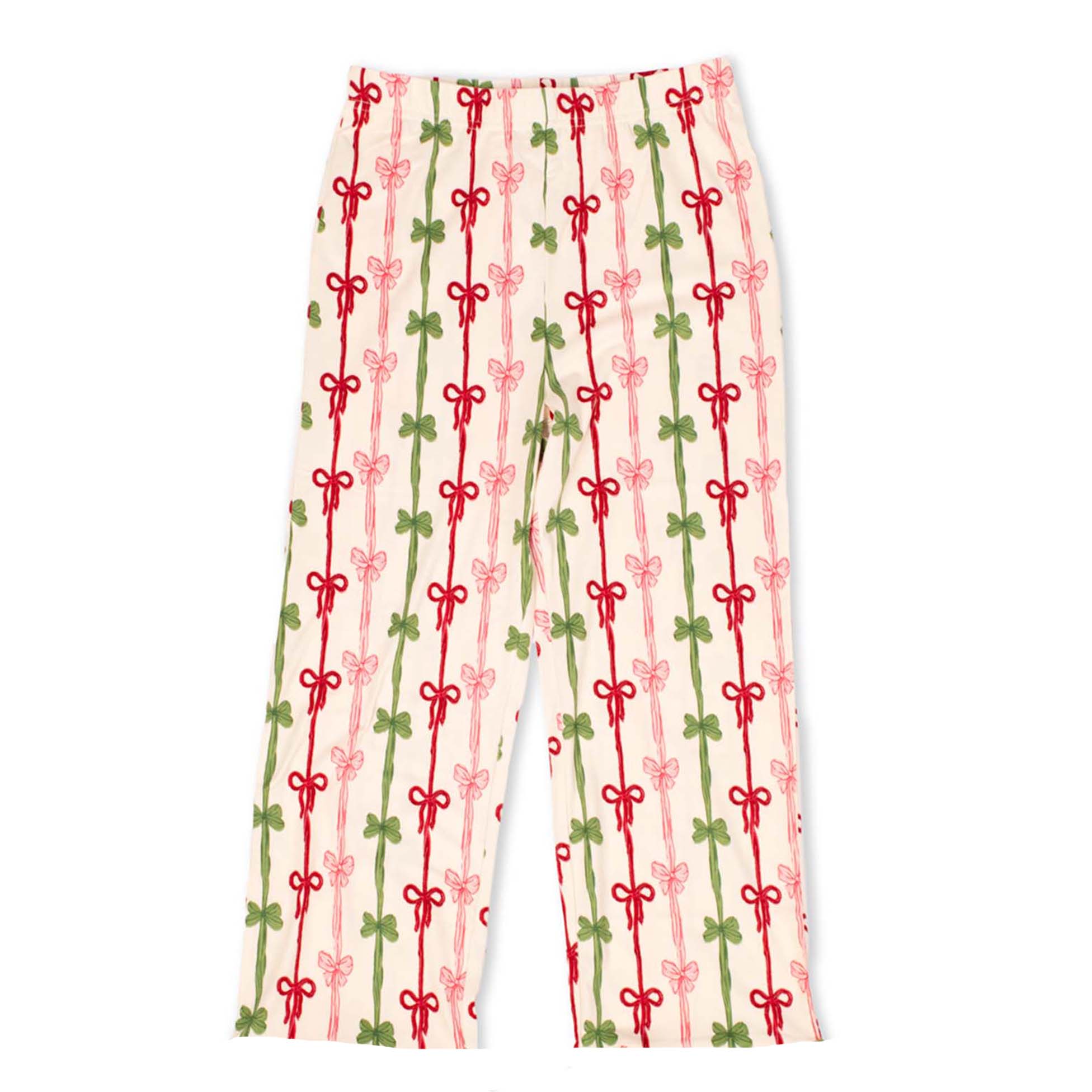 Front view of Christmas bow pajama pants with red, pink, and green bow print, shown on white background.