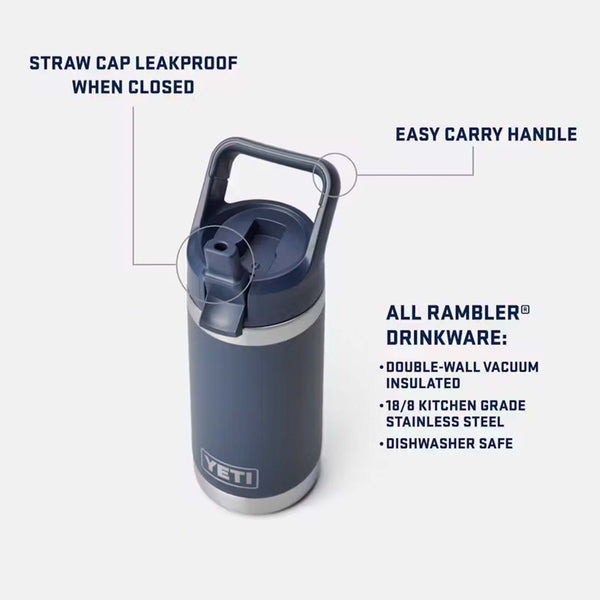 Infographic of a navy yeti Blue Camo Rambler Jr. 12oz Kids Bottle showing measurements and features.