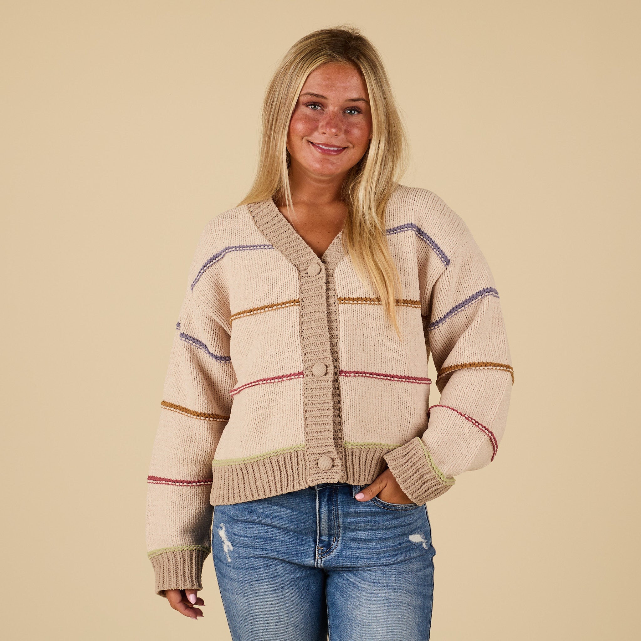 Button Front Stripe Cardigan Sweater