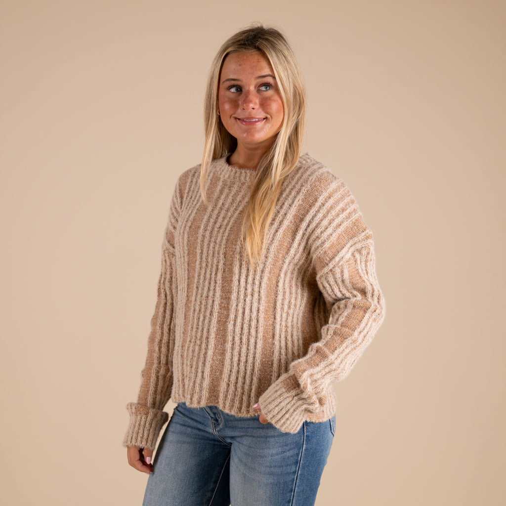 Very J Fuzzy Vertical Stripe Crewneck Sweater in mocha shown on model paired with denim jeans