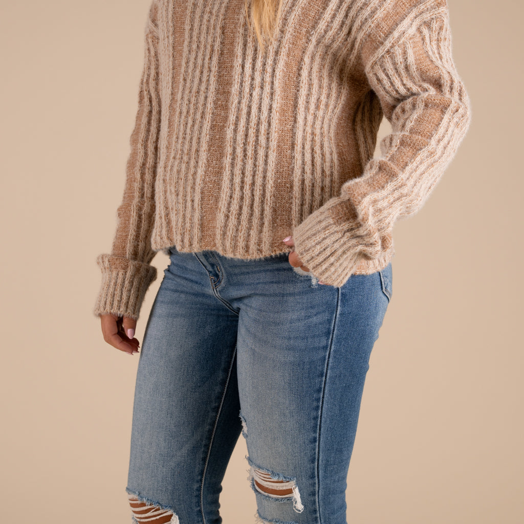 Very J Fuzzy Vertical Stripe Crewneck Sweater in mocha shown on model paired with denim jeans