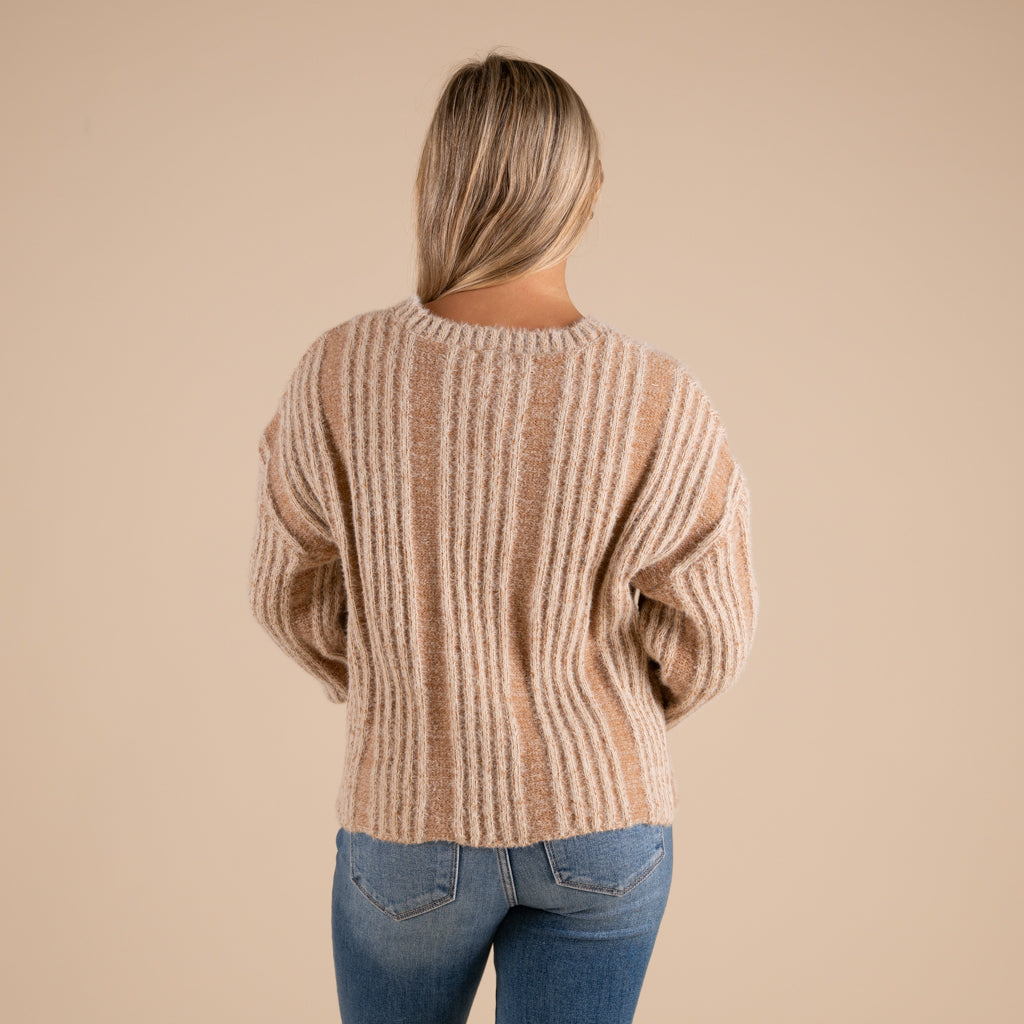 Very J Fuzzy Vertical Stripe Crewneck Sweater in mocha shown on model paired with denim jeans
