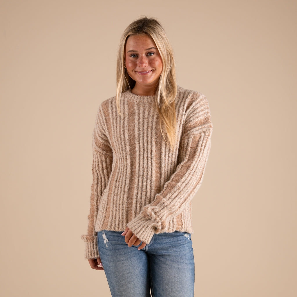 Very J Fuzzy Vertical Stripe Crewneck Sweater in mocha shown on model paired with denim jeans