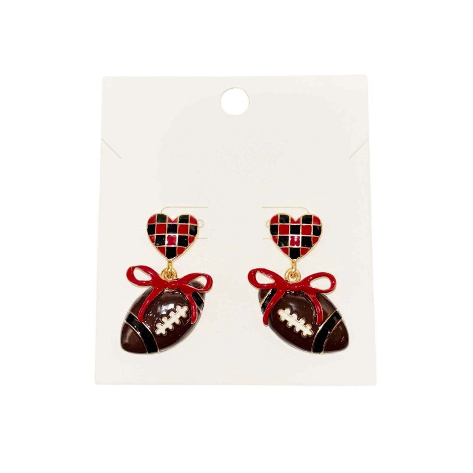 garnet and black checkered heart stud earrings featuring dangling football charms tied with garnet bows.