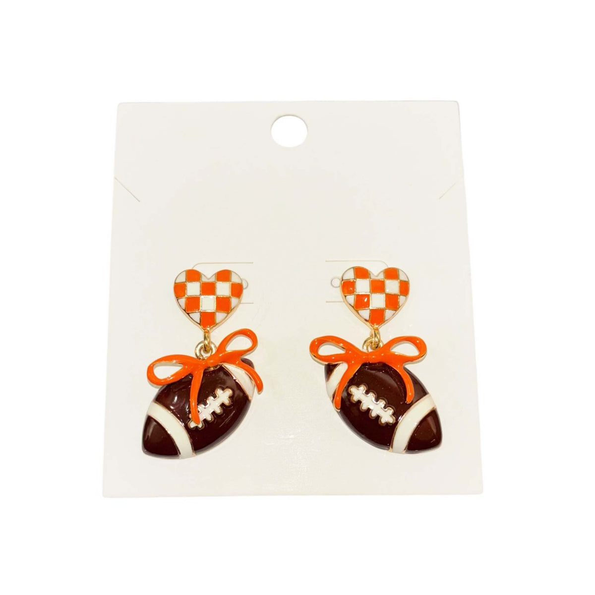 orange and white checkered heart stud earrings featuring dangling football charms tied with orange bows.