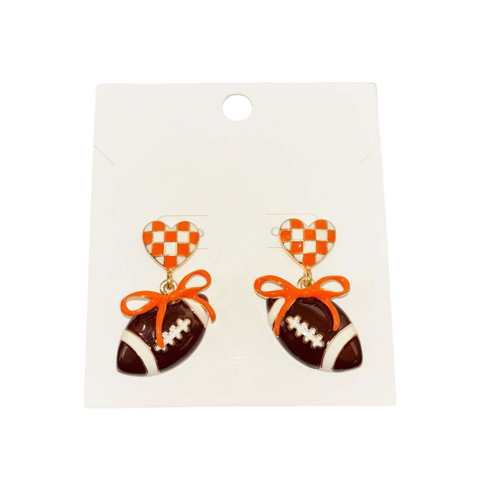orange and white checkered heart stud earrings featuring dangling football charms tied with orange bows.