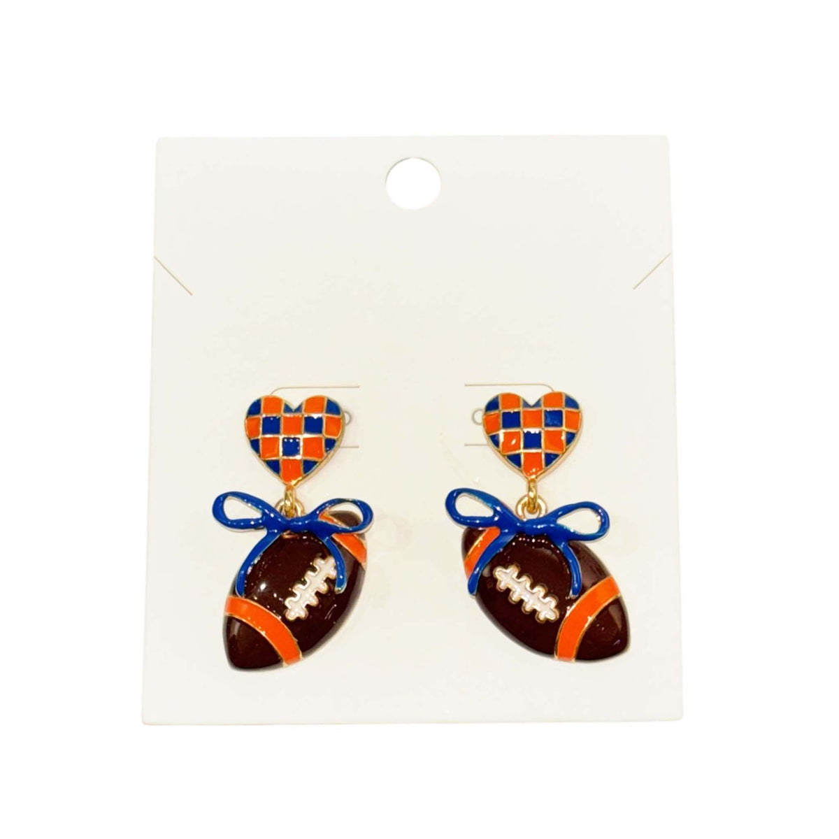 orange and blue checkered heart stud earrings featuring dangling football charms tied with blue bows.
