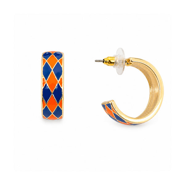 Blue and Orange Checkered Hoop Earrings