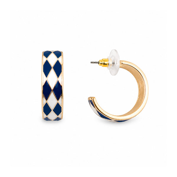 Blue and White Checkered Hoop Earrings