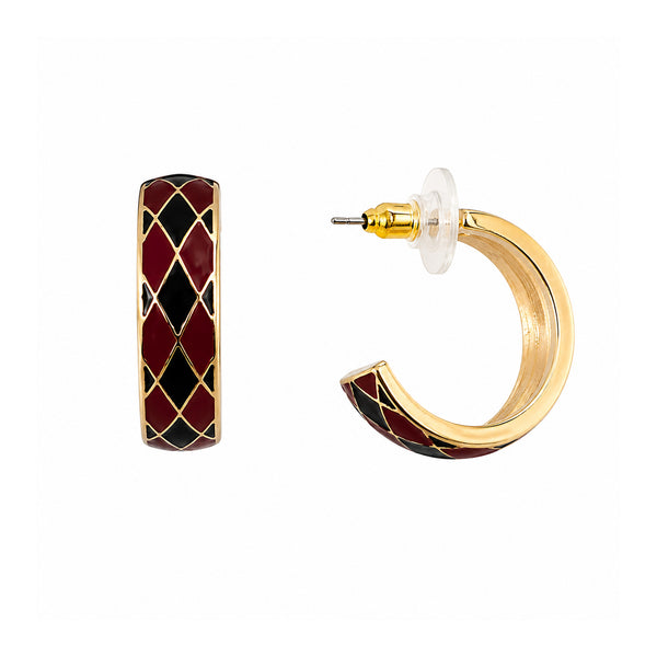 Garnet and Black Checkered Hoop Earrings
