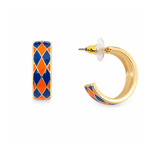 Blue and Orange Checkered Hoop Earrings