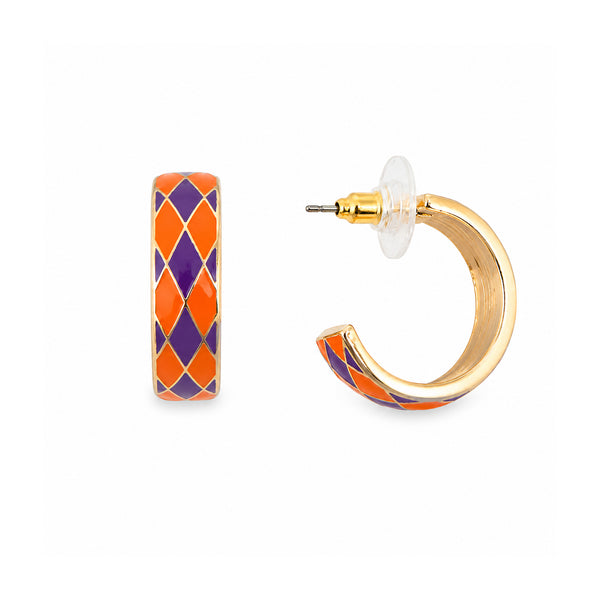 Orange and Purple Checkered Hoop Earrings