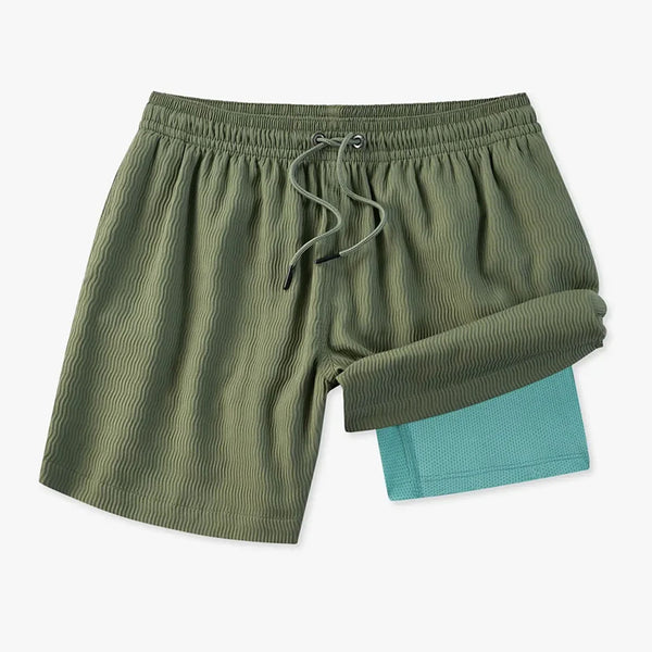 The Olive You Mans 5.5 Inch Grid Textured Lined Swim Trunks